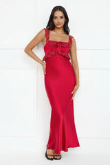 Waltzing In Romance Satin Maxi Dress Red
